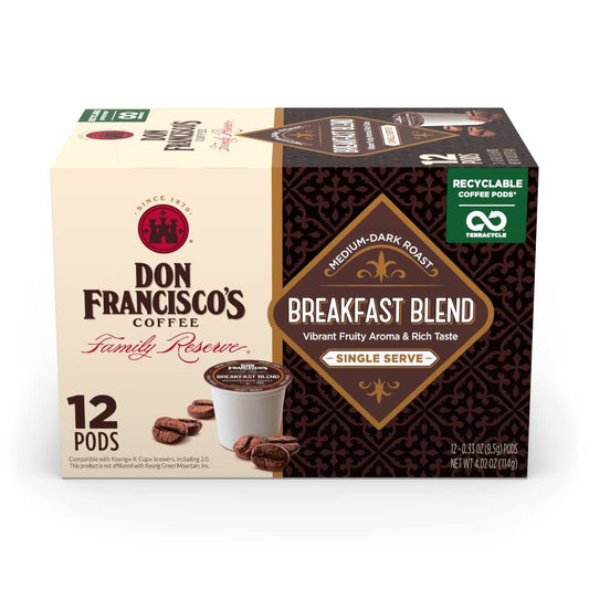 Don Francisco's Breakfast Blend Coffee - 12 K-Cup Compatible Single-Serve Pods - 100% Arabica - Fruity Aroma, Rich Flavor - Recyclable through TerraCycle - Compatible with Keurig Brewers