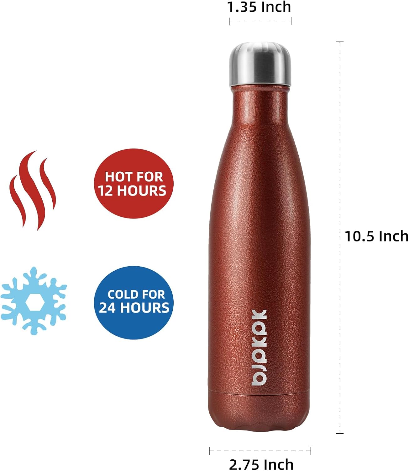 BJPKPK Insulated Water Bottles 17oz, Leak Proof Stainless Steel Water Bottle Keeps Cold for 24 Hours and Hot for 12 Hours,BPA Free,Brick Red