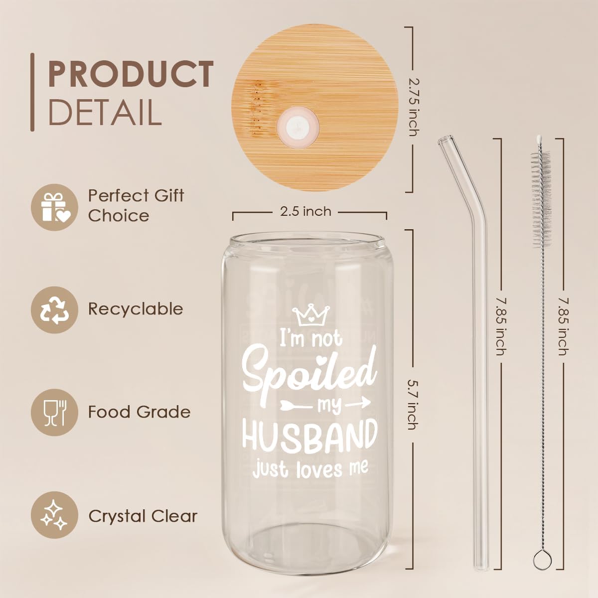 Wife 16 Oz Can Glass Tumbler with Bamboo Lid and Straw - Iced Coffee Cups for Women, Aesthetic Glass Cup Gift for Birthday Christmas Valentine's Day Mother's Day