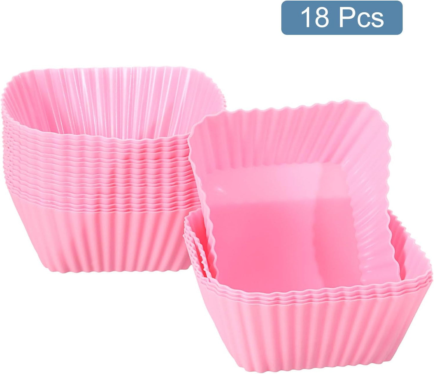 uxcell 18Pcs Silicone Cupcake Baking Cups, Silicone Muffins Liners Non-Stick Square Baking Cups, for Cooking Eggs Baking Muffins and Make a Cake(Pink)