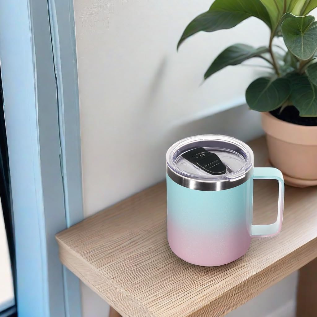 Volhoply 14oz Insulated Stainless Steel Coffee Mug with Lid Bulk 4 Pack,Double Wall Vacuum Travel Coffee Cup with Handle,Reusable Cups Tumbler,Camping Mugs Keep Hot,Ideal Gifts(Green Pink,4)