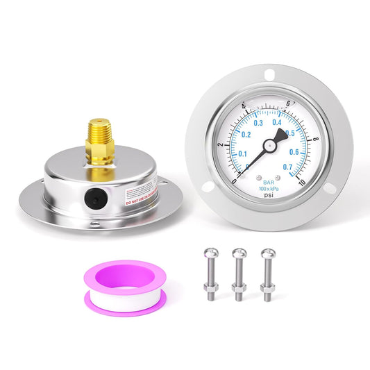 0-10PSI Panel Mount Front Flanged Glycerin Filled Pressure Gauge, 2.5" Dial Size, 1/4" MNPT Back Mount, Stainless Steel Case, with Phillips Screw and Nut, for Water, Gas, Liquid Pressure