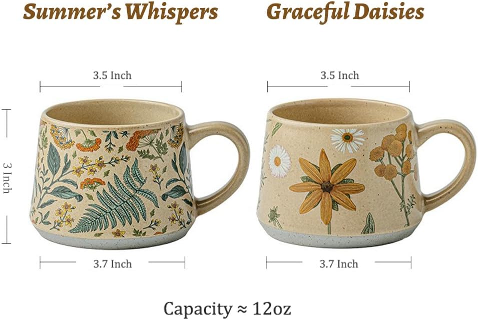 Floral Coffee Cup, 12oz Ceramic Hand Painted Porcelain Mug with Premium Gold Spoon, Cup for Cappuccino, Macchiato, Latte, Cafe, Tea, Unique Gift Idea (Graceful Daisies)