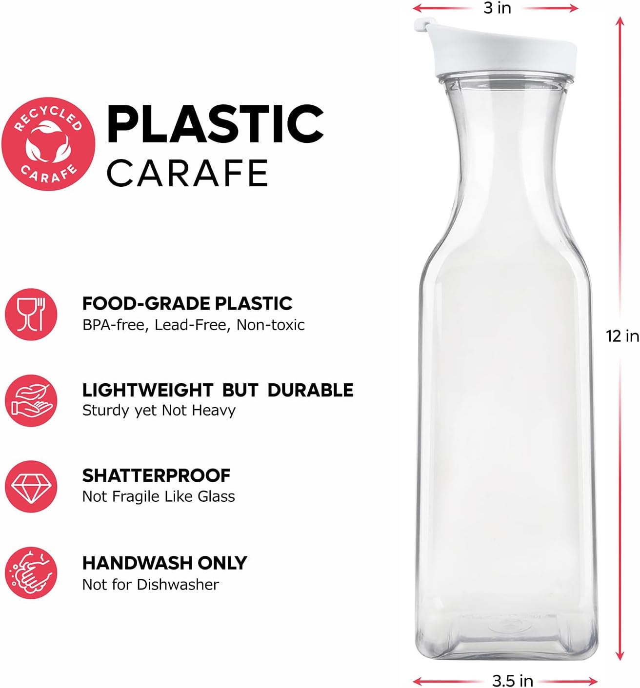 GUSTO [50 oz - 4 Pack] Plastic Carafe with Lid, Large Capacity Square Base - Clear Pitcher with Flip Top Lid, Easy-Pour Spout Juice Containers with Lids, Hand Wash Only - Perfect for Mimosa Bar