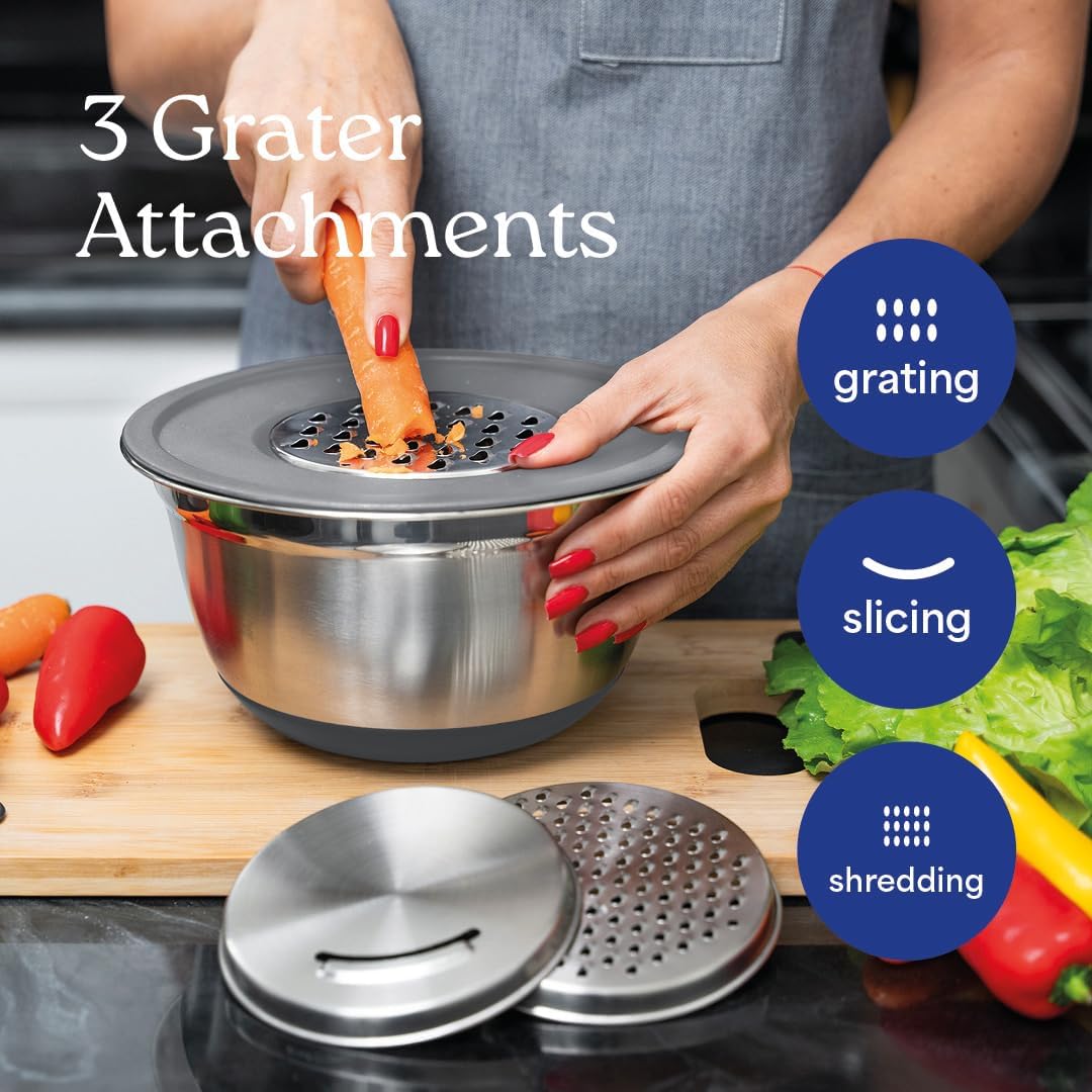 WHYSKO Stainless Steel Mixing Bowls with Lids Set - 5 Rustproof Metal Nesting Mixing Bowls for Kitchen, Meal Prep, Baking, Cooking, Storage - Includes 3 Grater Attachments, Dishwasher Safe
