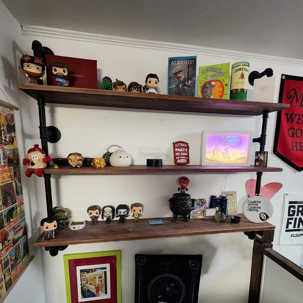 Floating Shelves,Wall Mounted Rustic Wood Shelf,Pipe Shelves,Industrial Pipe Shelving with Real Wood Planks 48 inch Industrial Wall Shelves Hanging Bookshelf Farmhouse Kitchen Bar Shelving