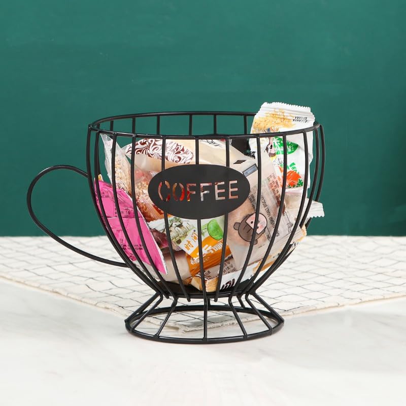 Coffee Pod Holder,Large K-Cup & Nespresso Capsule Organizer, Coffee Capsule Basket, Metal Coffee Bar Organizer for Kitchen Dinning Room Office Home Cafe Hotel (Black-Tea Cup )