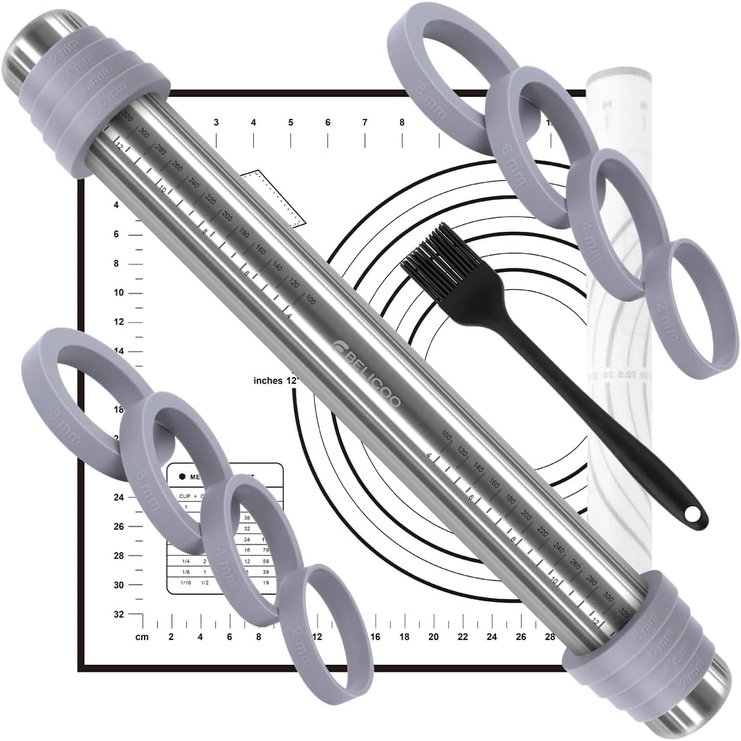 Rolling Pin and Silicone Pastry Mat Set, Adjustable Stainless Steel Dough Roller Pin with Silicone Brush for Pizza, Pie, Cookie, Pasta and Bread (Grey, 16.1 '')