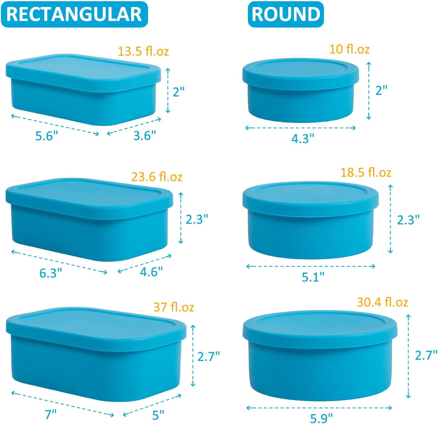 Nesting 100% Silicone Food Storage Containers with Lid & Measuring Line, 6 Pack, Leakproof Stackable Hard-Shell Silicone Containers for Food Lunch Snack, Microwave Oven Freezer Dishwasher Safe, Blue