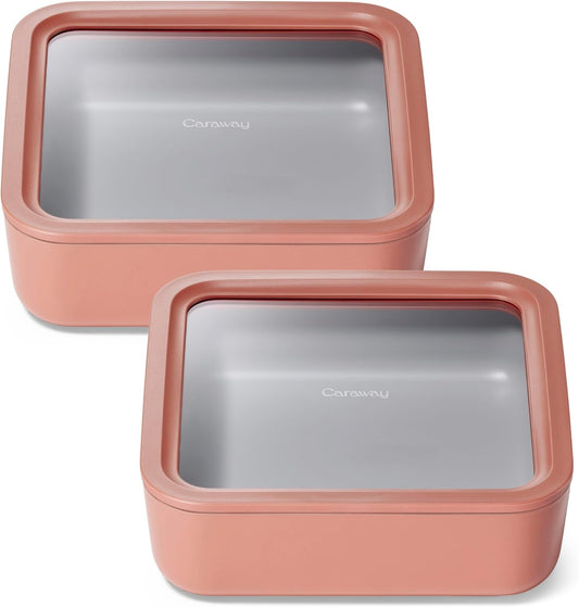 Caraway 2pc Glass Food Storage Set - 10 Cup Food Containers (2) - Ceramic Coated - Non Toxic, Non Stick Lunch Box with Lids. Dishwasher, Oven, & Microwave Safe - Perracotta