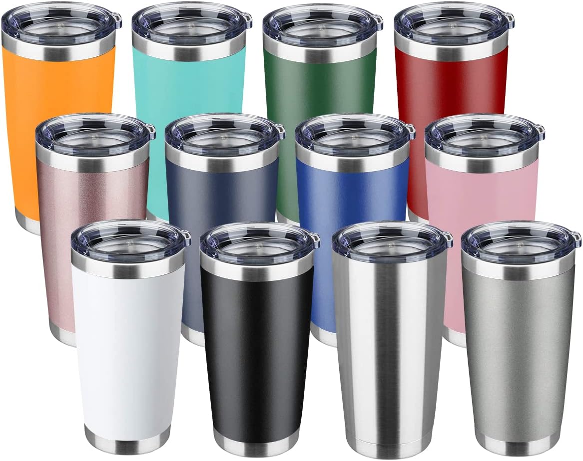 20oz Tumbler Stainless Steel Vacuum Insulated Mug with Lid, Double Wall Travel Mug, Durable Powder Coated Coffee Cup, Suitable for Ice Drinks and Hot Beverage (New Mix 12 pack)