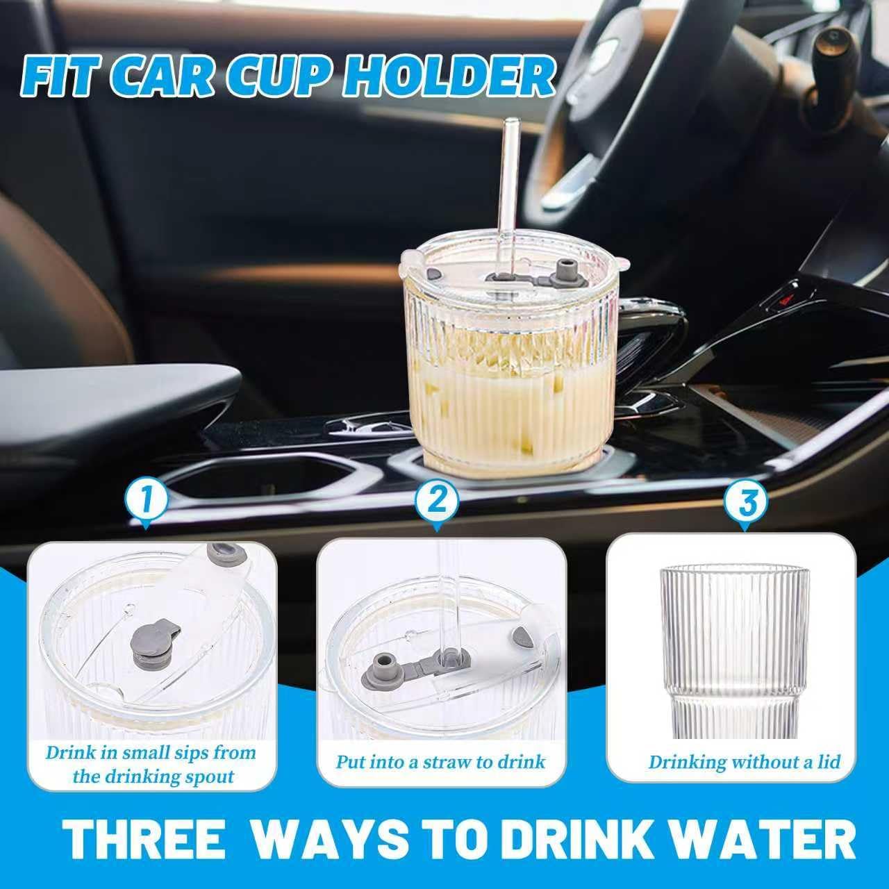 20 oz Glass Tumbler with Lid and Straw, 4 Pack Clear Ribbed Iced Coffee Cup, High Borosilicate Glass Tumbler, Reusable Vintage Glassware for Iced Coffee, Smoothies, Cocktails, and Juices