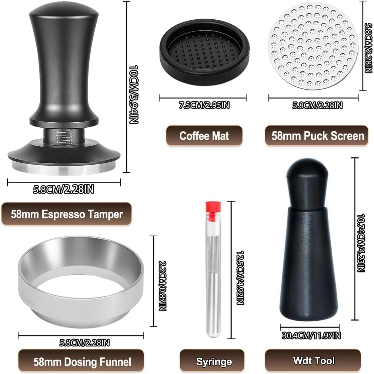 58mm Espresso Accessories Kit, Spring Loaded Calibrated Espresso Tamper, Wdt Tool Espresso and Silicone Tamper Mat,Dosing Funnel, Coffee Puck Screen and 12 Replacement Needles Fit 58mm Portafilters