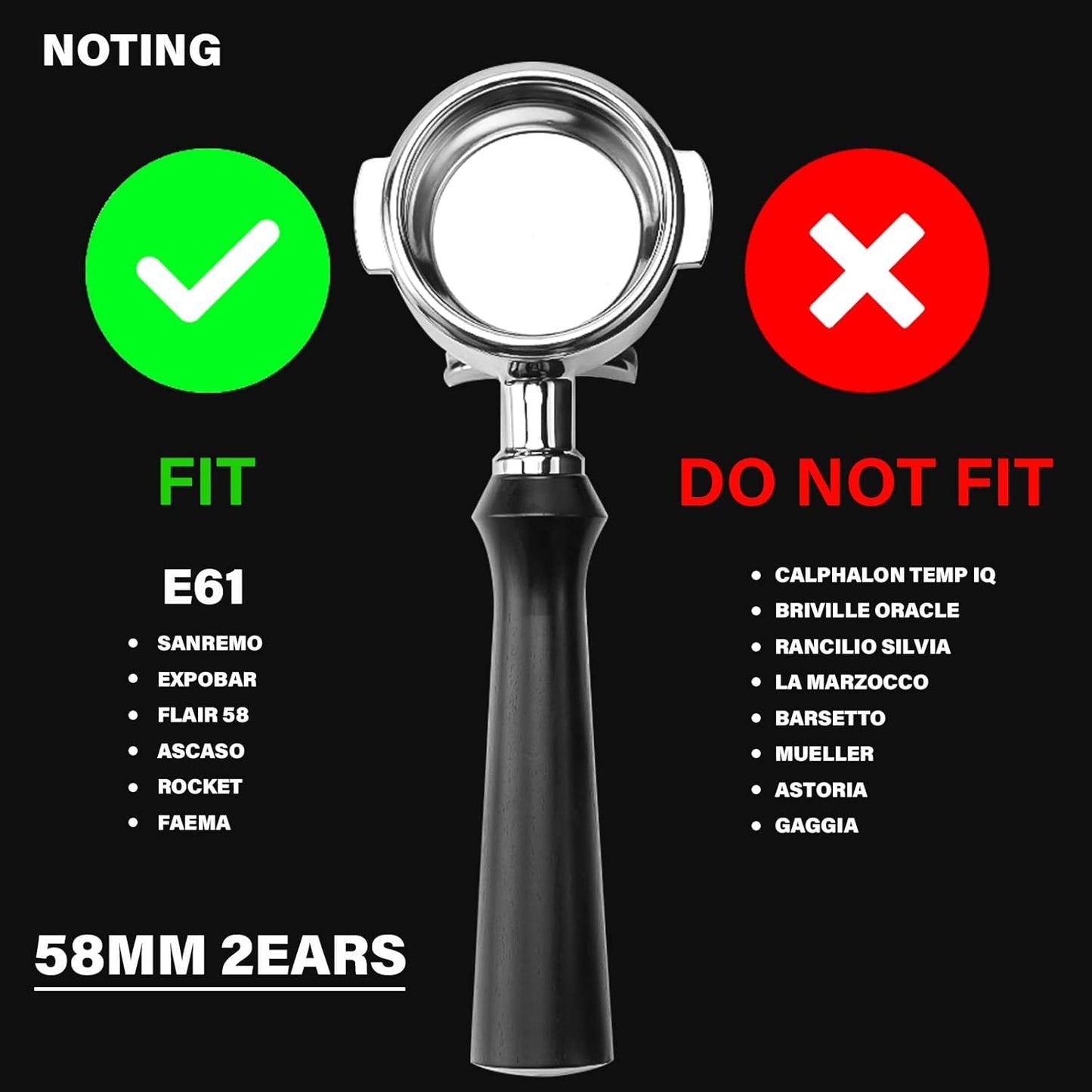 CrossCreek 58mm Espresso Double Spouts Portafilter with 2 Ear | Fits E61 | Flair/Rocket/Sanremo/Expobar etc. | Stainless Steel Basket and Solid Wood Handle | Espresso Accessories