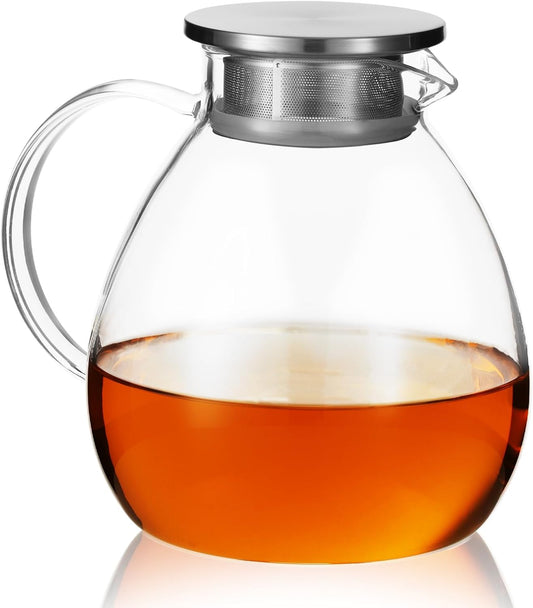 68OZ/2000ML One Touch Glass Teapot with Stainless Steel Filter Lid, Stovetop & Microwave Safe Tea Maker Water Kettle, Strainer & Cover 2 in 1 Loose Leaf Tea Steeper Pot Coffee Carafe