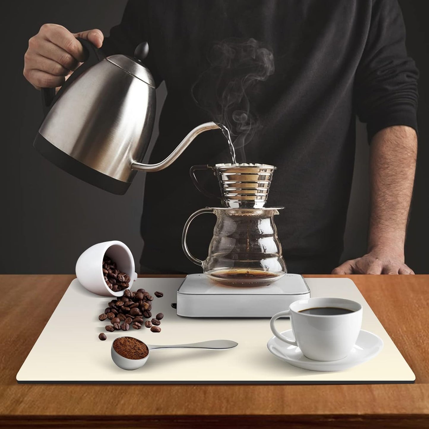 ZLR Coffee Mat - 16" x 24" Extra Large Kitchen Hide Stain Absorbent Dish Drying Mat for Countertop - Easy to Clean Coffee Bar Mat for Espresso Machine and Spill Protection - Creamy