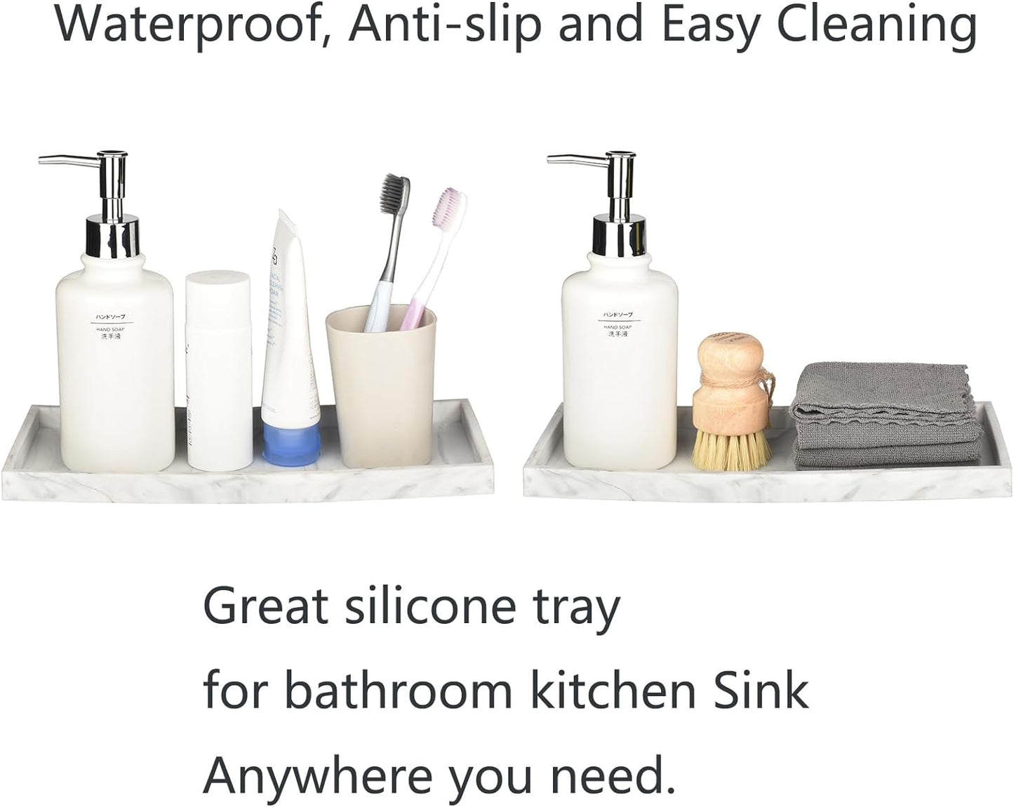 DNC Silicone Bathroom Vanity Tray for Counter, 11.8" Kitchen Sink Soap Tray for Dish Holder Dispenser Countertop Toilet Tank Decor Organizer Marble White