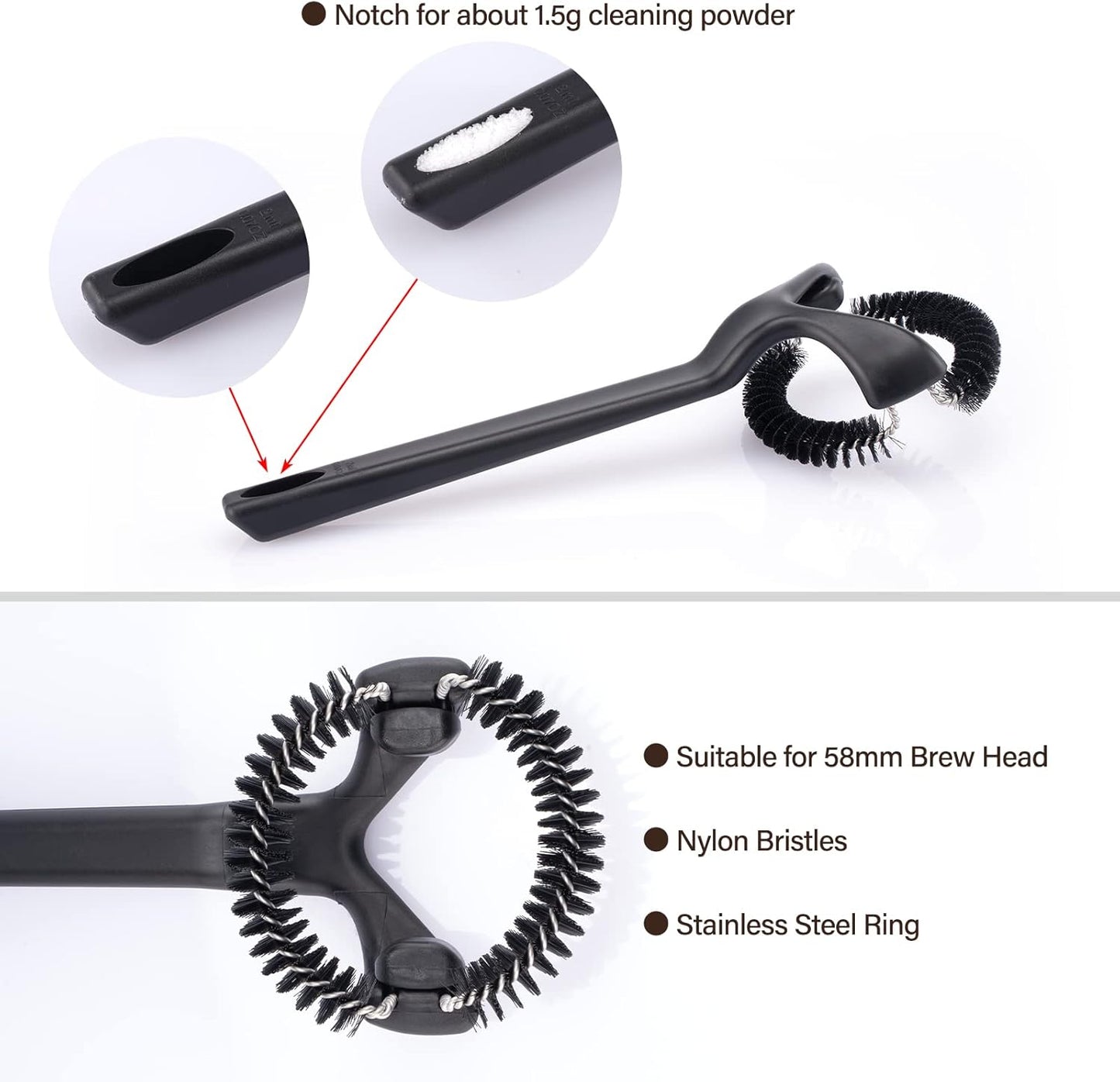 Espresso Coffee Machine Cleaning Brush, 58mm Group Head Portafilter Brush Cleaner, Detachable 360° Nylon Bristles, Barista Brew Head Cleaning Tool for Home Kitchen