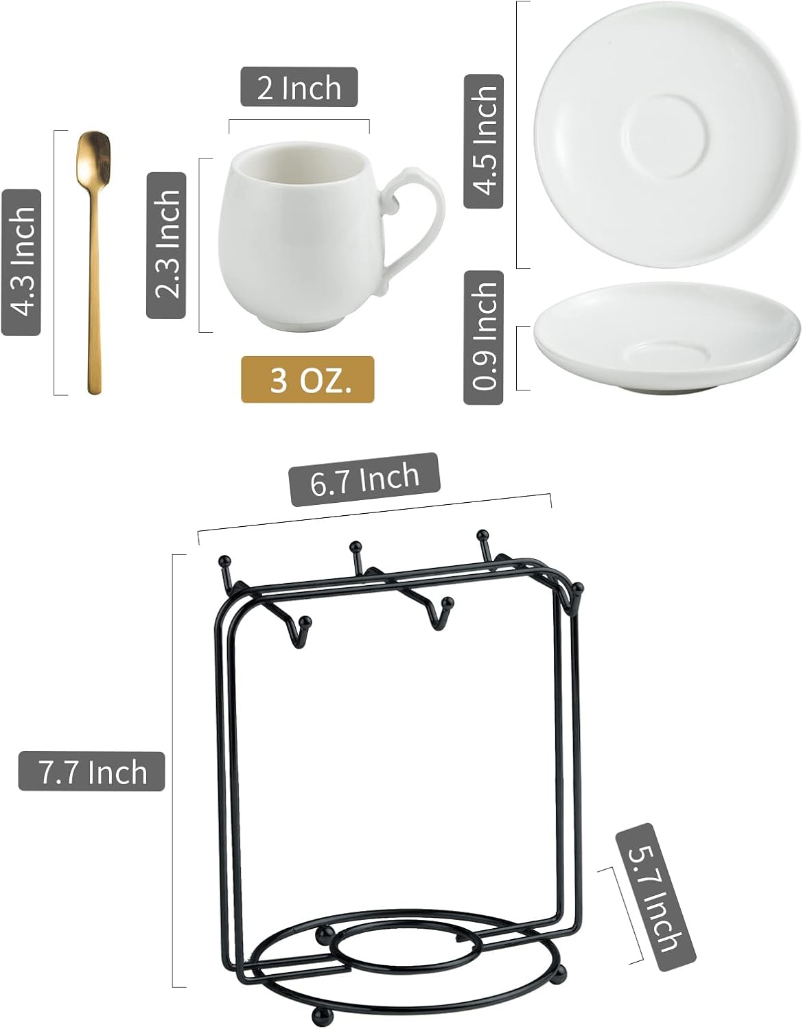 LYEOBOH Espresso Cups with Saucers Set, 3 Ounces Coffee Cups with Metal Stand and Spoons, Ceramic Cappuccino Coffee Cups Demitasse Cups for Espresso, Latte, Cafe Mocha and Tea, Set of 6, White