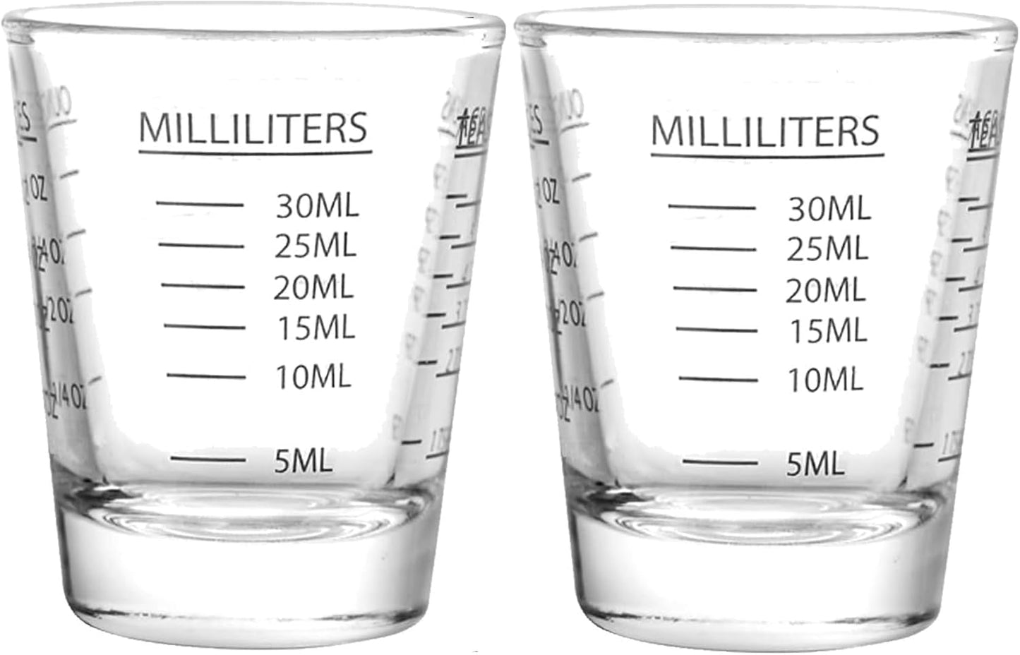 2-Pack Shot Glass Measuring Cups Set | Non-Fading 4-Measurement Espresso Jigger (OZ/ML/TSP/TBSP) | Thick Base Heavy Glass Measuring Cup for Coffee & Kitchen，Dishwasher Safe, Incremental Scale (Black)