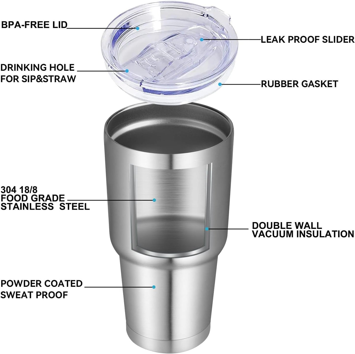 DOMICARE 30 oz Tumbler with Lid and Straw, Stainless Steel Tumblers Bulk, Insulated Vacuum Double Wall Travel Coffee Mug, Durable Powder Coated Tumbler Cups (Stainless Steel, 12)