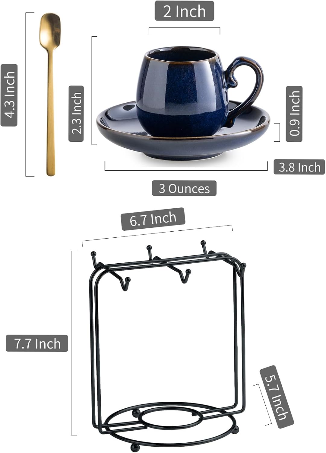 LYEOBOH 3 Ounce Espresso Cups Set of 6, Ceramic Small Coffee Cups with Saucers, Cute Demitasse Cups and Metal Stand with Spoons for Great Gift, Mini Cafe Cup for Espresso, Mocha, Tea - Cobalt Blue