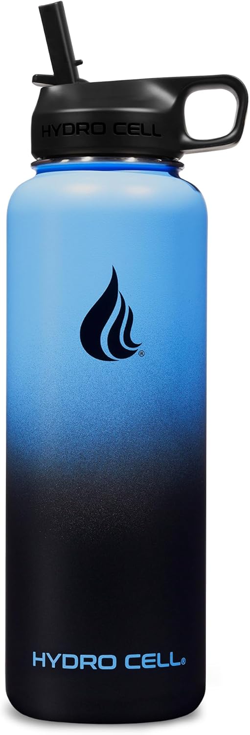 HYDRO CELL Stainless Steel Insulated Water Bottle with Straw - For Cold & Hot Drinks - Metal Vacuum Flask with Screw Cap and Modern Leakproof Sport Thermos for Adults (Blue/Black 40oz)