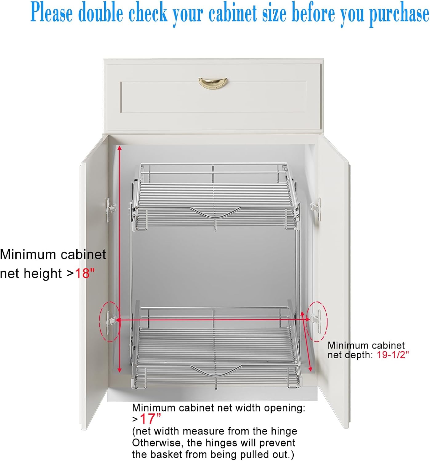 DINDON 2 Tier Pull Out Cabinet Organizer (17" W x 18" D) Heavy-Duty Metal Sliding Drawer Shelf, Two Tier Pull Out Shelves for Kitchen Cabinets, Pantry, Bathroom, Chrome Finish