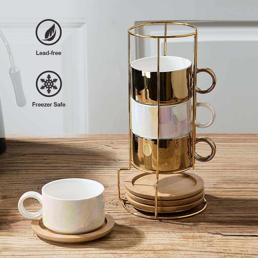LUKA Porcelain Espresso Cup with Saucers and Metal Stand - 6 Ounce Stackable Ceramic Demitasse Espresso Mugs Cappuccino Cups Set for Latte, Coffee, Cafe Mocha, Tea - Set of 4,Shimmer Golden