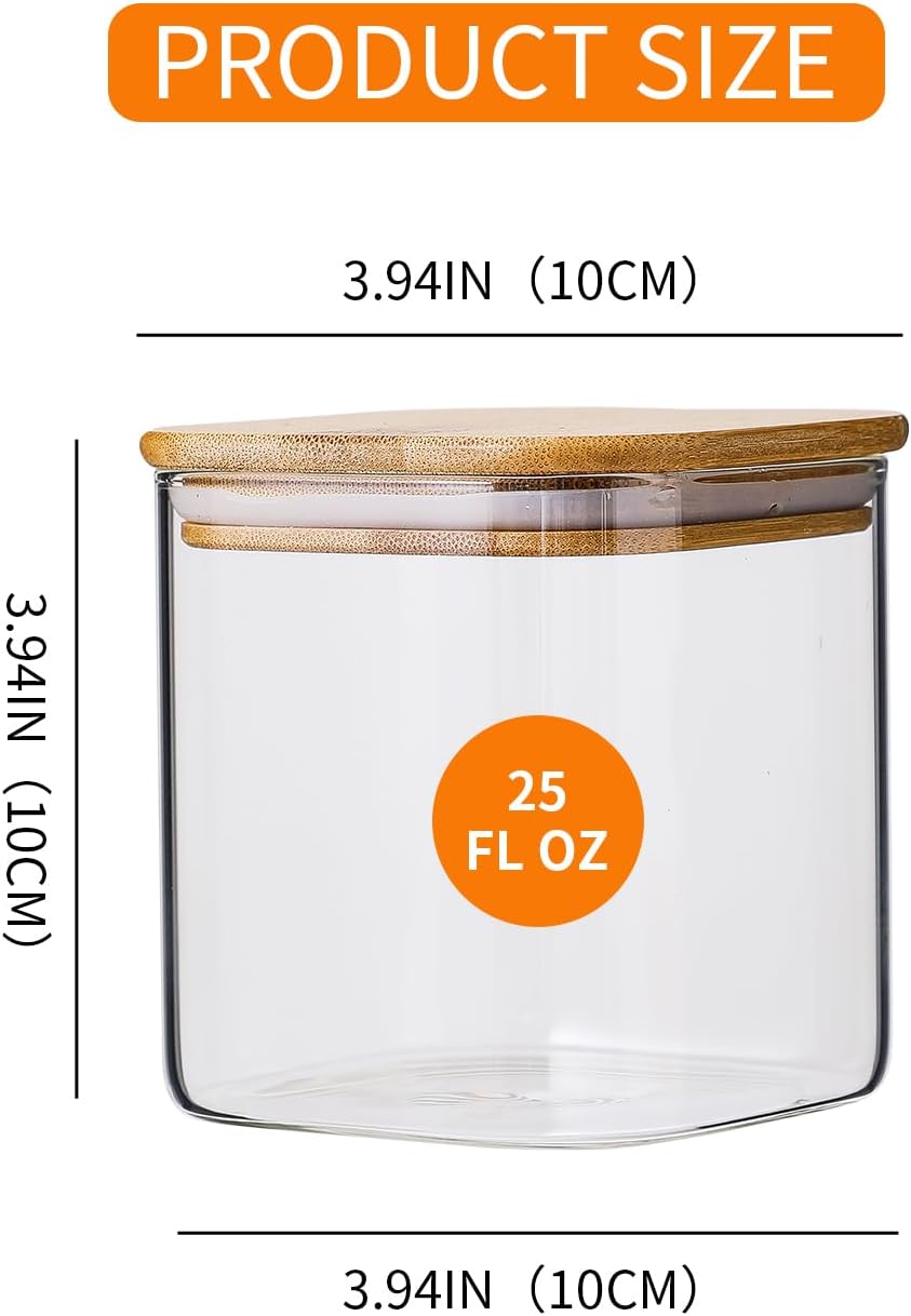 Glass Food Storage Containers with Lids, 25 Oz High Borosilicate Glass Jars for Coffee Bean, Candy, Cookie, Flour, Square