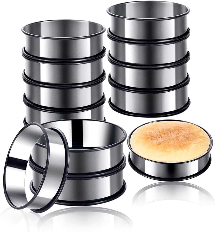 12Packs Crumpet Rings Nonstick 4 Inch English Muffin Ring Stainless Steel Double Rolled Tart Rings Metal Pastry Cooking Baking Ring Molds