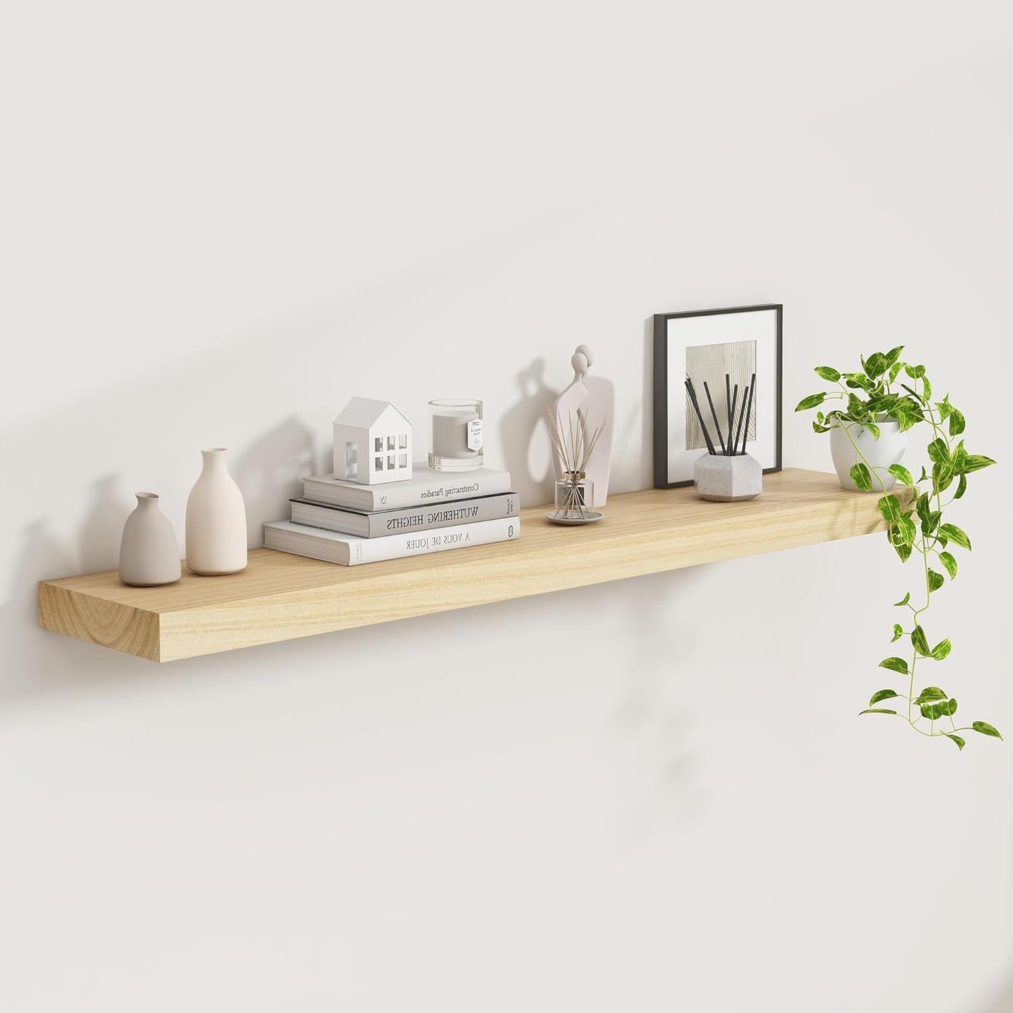 48" Solid Wood Floating Shelves, 9.3 Inch Deep Floating Shelves for Wall, Rustic Wooden Shelves for Wall Decor, Large Fireplace Mantel for Storage, Deep Floating Shelf Set of 1, Burlywood