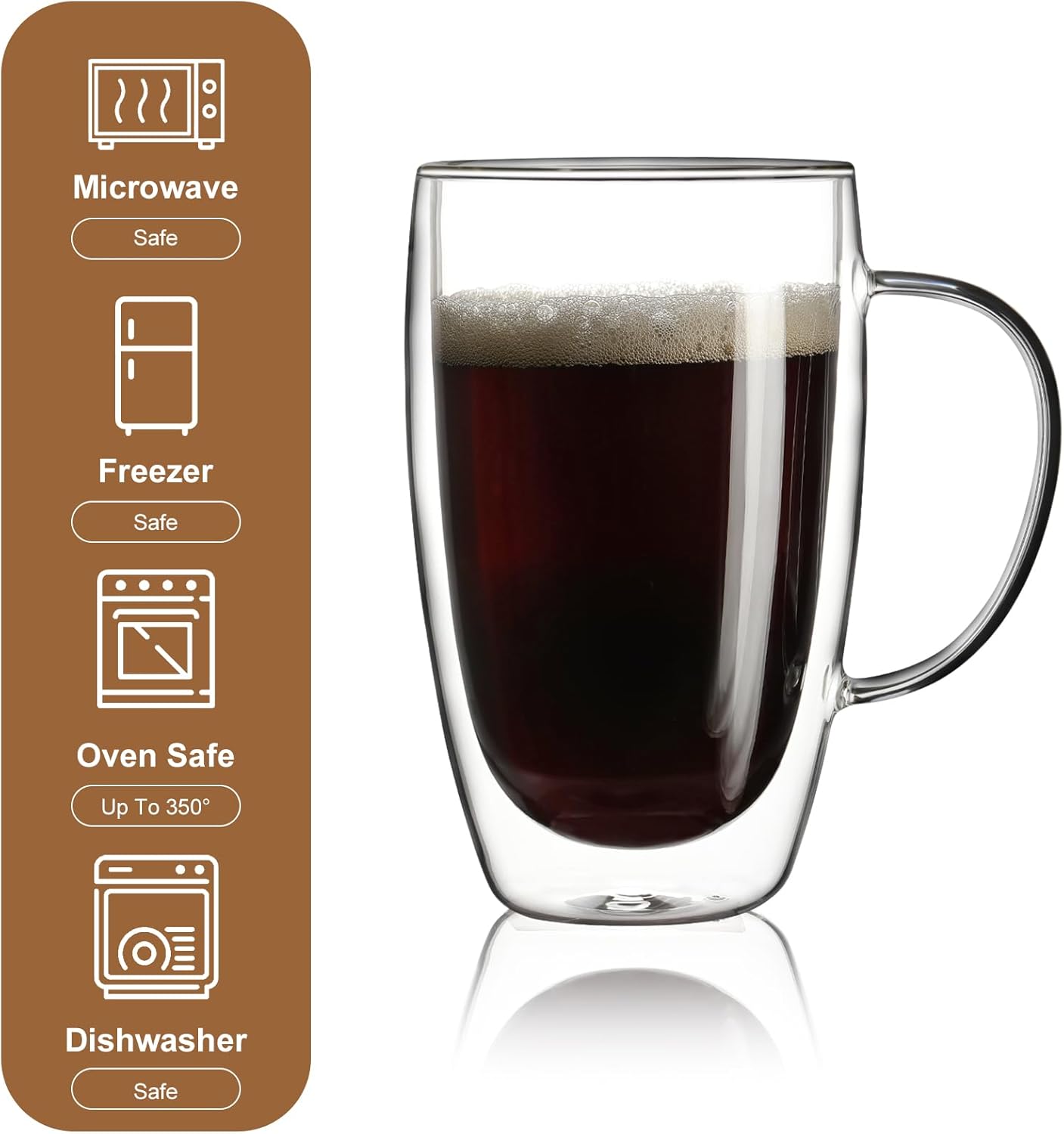 Aurzen 2 Pack Double Walled Glass Coffee Mugs with Handles, Large Insulated Layer Coffee Cups, 15oz Clear Borosilicate Mugs, Perfect for Cappuccino, Tea, Microwave Safe