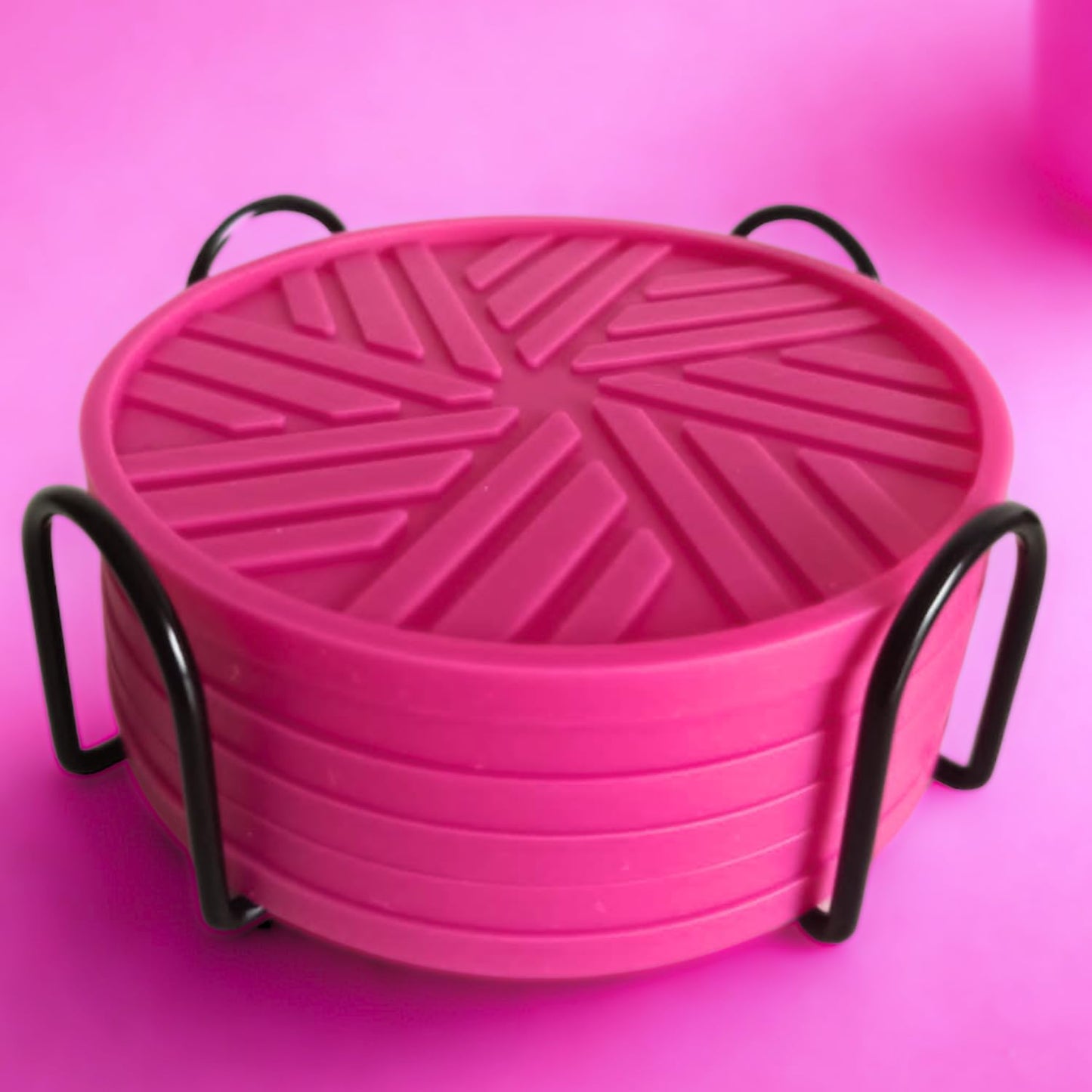 Silicone Coasters with Holder - 6 Pack - Absorbent Table Coasters for Drinks - Home Decor Coffee Table - with Stylish Groove Pattern -Housewarming Gifts Cute Pink