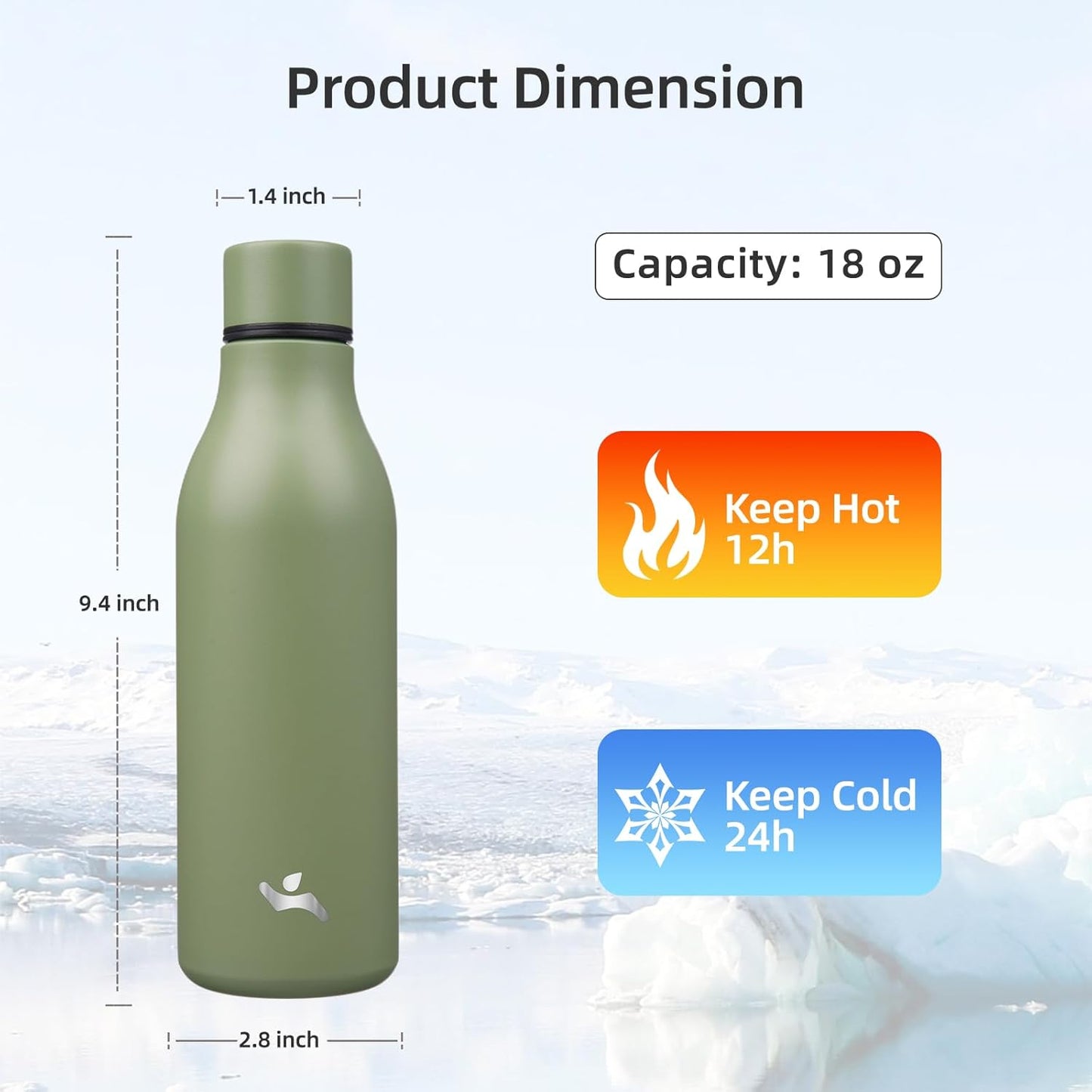 Insulated Water Bottle with Strap,18 oz Double Wall Stainless Steel Vacuum Bottles Metal Water Flask,Forest Green