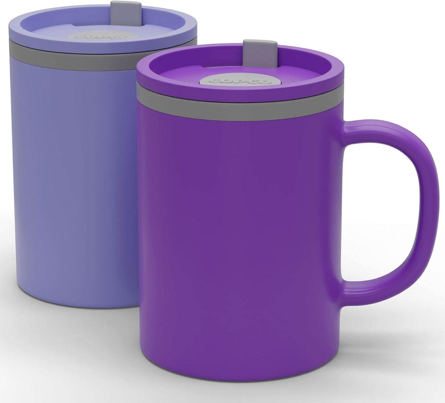Copco Iconic 16oz Double Wall Insulated Desk Mug with Lid & Handle, Set of 2, BPA-Free Reusable Plastic, Spill-Proof, Microwave & Dishwasher Safe, Wide Mouth, Cup Holder Friendly (Purple/Light Purple)