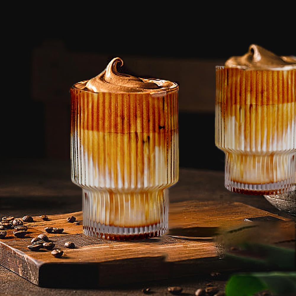 Ribbed Glassware Set of 2, 11oz Clear-Short Origami Style Drinking Glass Cup, Iced Coffee, Cocktail, Beer, Juice Drinking Glasses