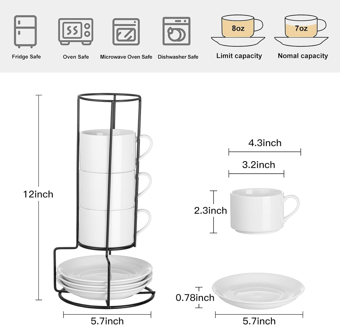 8oz Porcelain Stackable Cappuccino Cups with Saucers and Metal Stand Set of 4, Coffee Cups for Espresso, Specialty Coffee Drinks, Latte, Americano and Tea - White