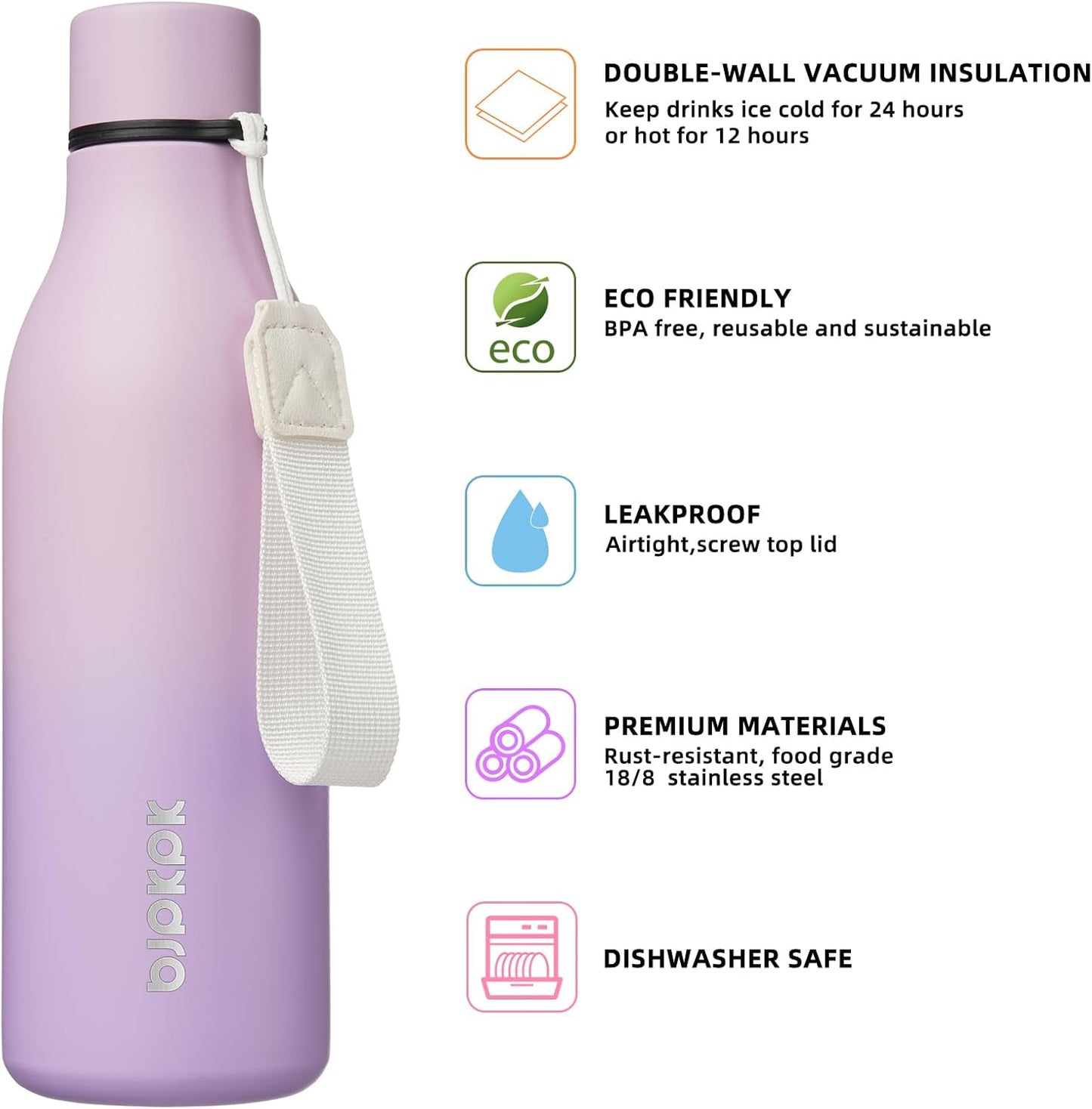 BJPKPK Insulated Water Bottles, 18 oz Stainless Steel Metal Water Bottle with Strap, BPA Free Leak Proof Thermos, Mugs, Flasks, Reusable Water Bottle for Sports & Travel, Dreamy Purple