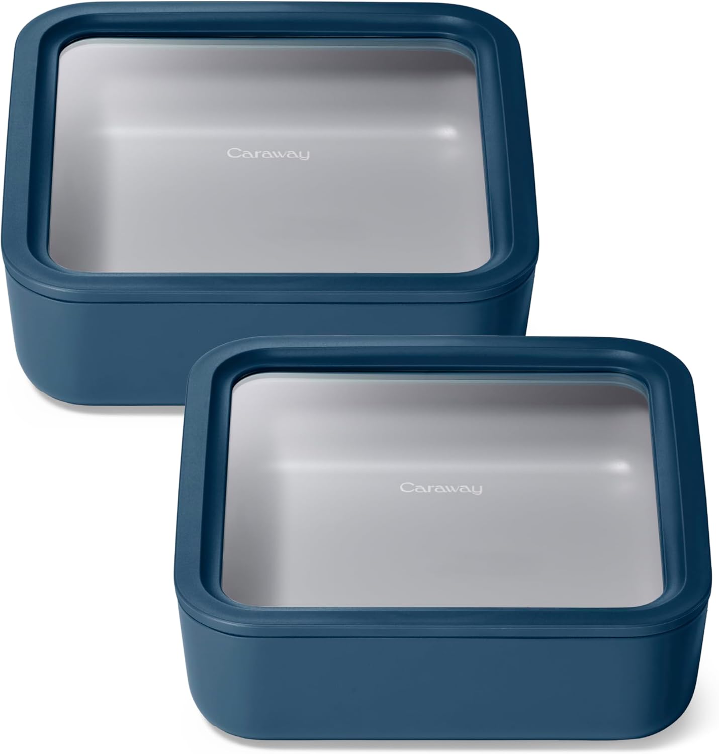Caraway 2pc Glass Food Storage Set - 10 Cup Food Containers (2) - Ceramic Coated - Non Toxic, Non Stick Lunch Box with Lids. Dishwasher, Oven, & Microwave Safe - Navy
