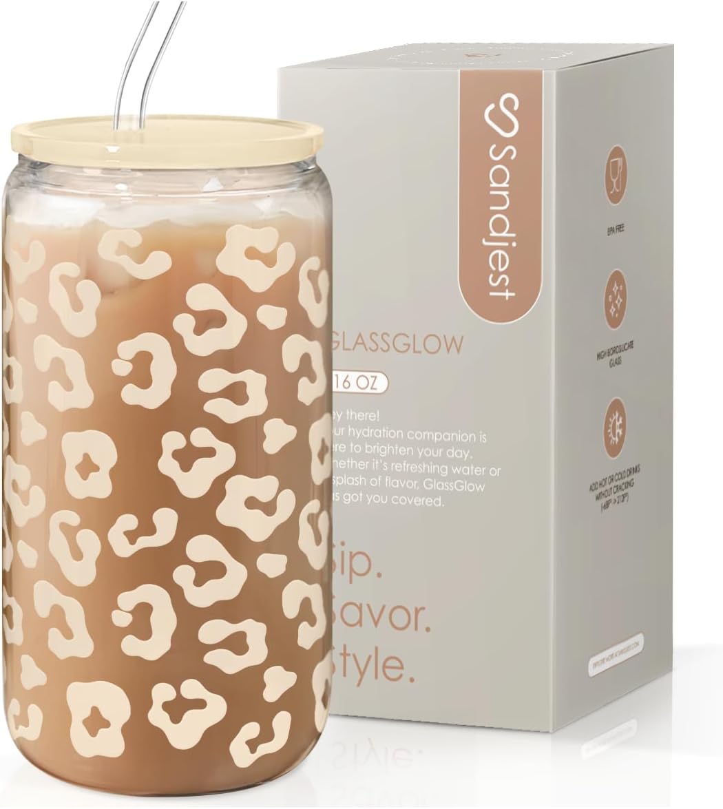 SANDJEST Leopard Glass Can, Beige Leopard Print Cup with Lid & Straw, Iced Coffee Aesthetic Cups, Gift for Christmas Birthday Mother Day, Gifts for Women, 16oz