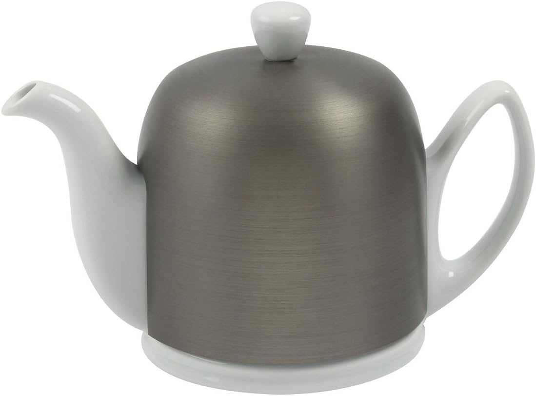 Salam Luxury French Tea Pot - Porcelain Teapot with Brushed Aluminum Cover, Ceramic Tea Kettle for Loose Tea, Removable Infuser, 6 Cup Capacity, 36oz - Aluminum