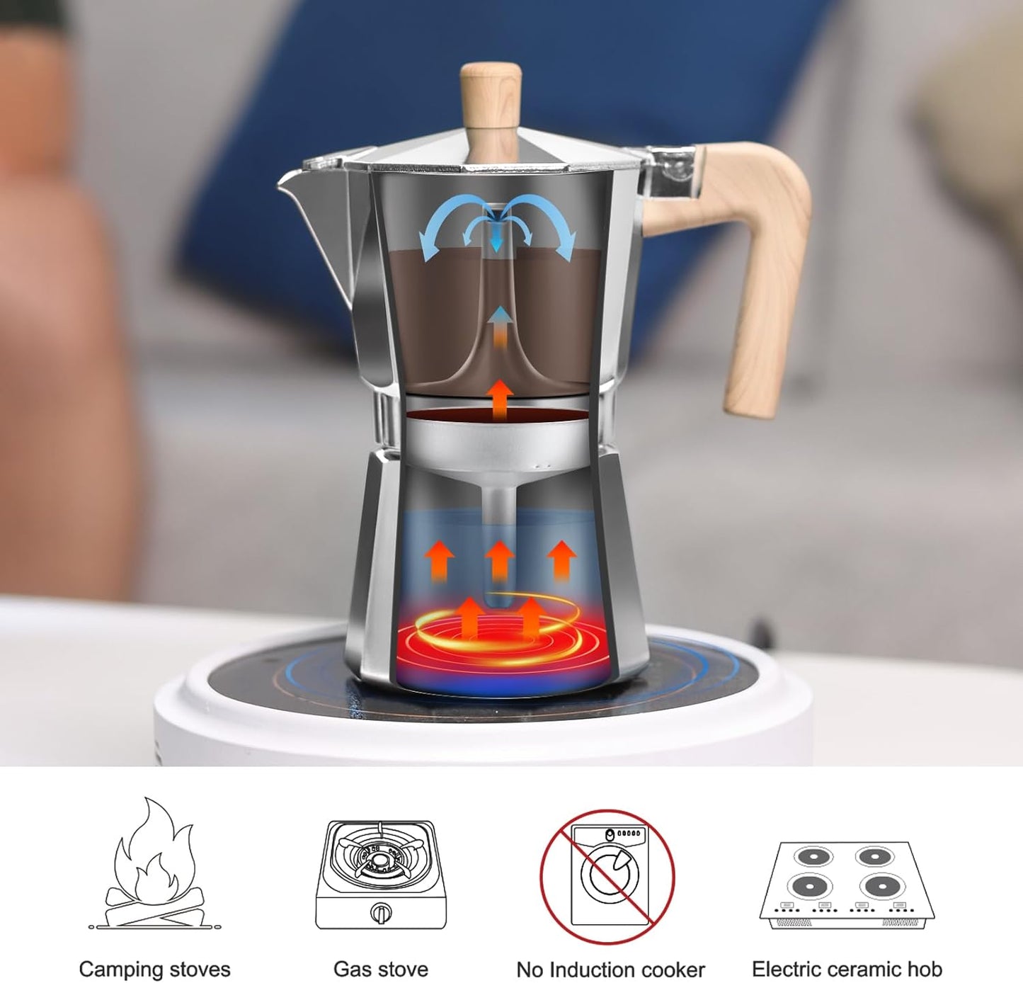 Sivaphe Aluminum Moka Pot 9 Espresso Cups, Percolator Espresso and Coffee Maker, Portable Stove top Italian and Cuban Café Brewer for Home and Camping Sliver