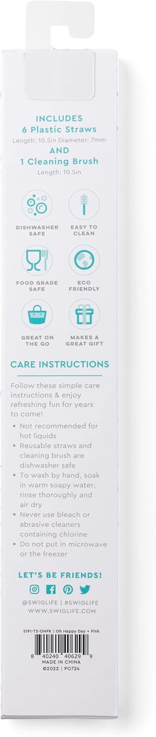 Swig Life Reusable Straws Oh Happy Day + Pink Tall Straw Set & Cleaning Brush, Each Straw is 10.25 inch Long (Fits Swig Life 20oz Tumblers, 22oz, and 32oz Tumblers)
