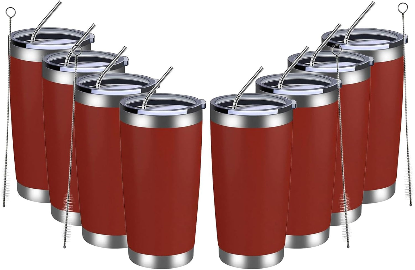 MEWAY 20oz Tumbler 8 Pack Double Wall Vacuum Insulated Travel Mug Bulk, Stainless Steel Tumblers with Lid and Straw, Powder Coated Coffee Cups for Cold & Hot Drinks (Red, Set of 8)
