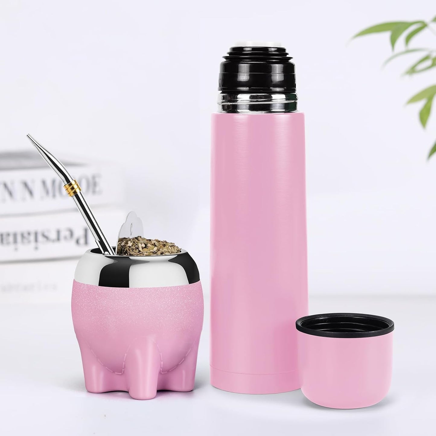 Premium Yerba Mate Cup 5 in 1 Set, Including Stainless Steel Gourd (Glitter Stars, Cute Elephant Style) Bombilla Straw, and Tea Shaper Set, 5.4oz, Gift for Women Drinking Coffee Tea Water (Pink)