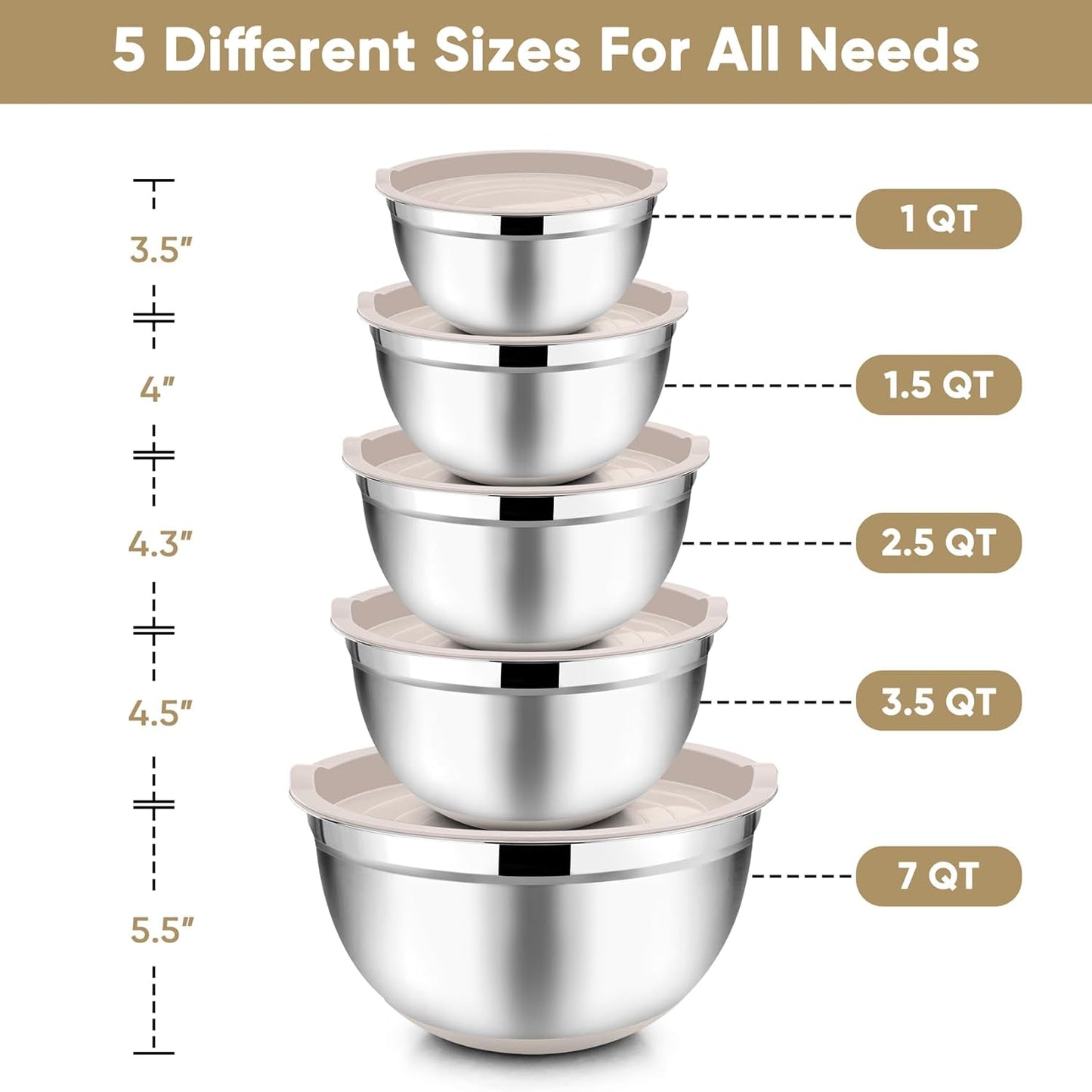 TeamFar Khaki Mixing Bowls, Stainless Steel Metal Nesting Salad Bowls with Airtight Lids Set of 5, Healthy & Heavy Duty, Non-slip Bottom & Airtight Lid, 7/3.5/2.5/1.5/1 QT