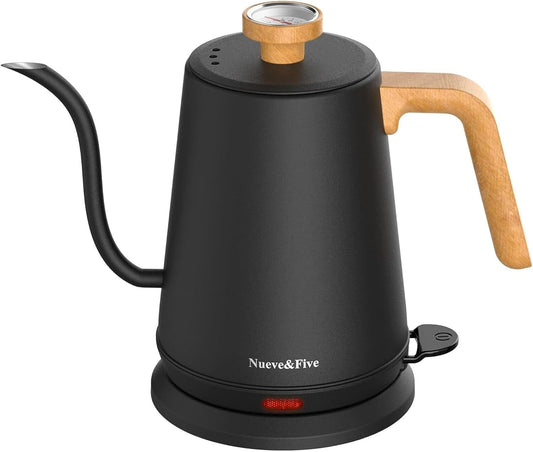 Nueve&Five Gooseneck Electric Kettle with Thermometer， Black Electric Kettle 1L with Auto Shut-Off，1000W Hot Water Kettle of Stainless Steel， Pour Over Kettle for Coffee & Tea