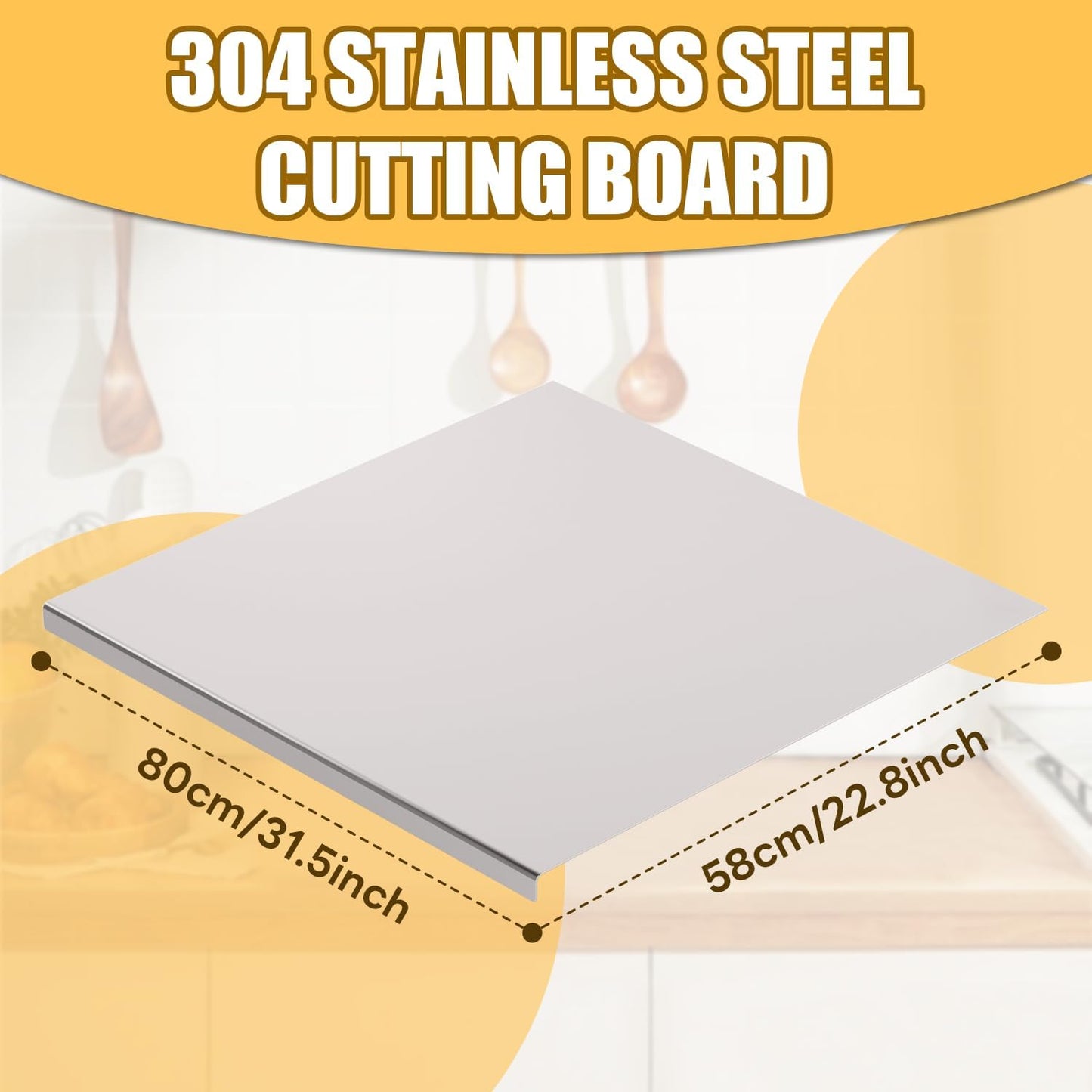 Stainless Steel Chopping Board Extra Large Cutting Board with Lip Stove Top Pastry Board Kneading Board Baking Board with Rolling Pin for Meat Vegetables Fruits Cheese Bread,31.5x 22.8 Inch