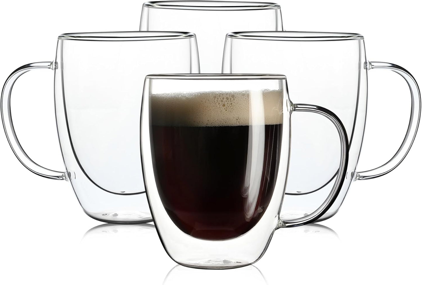 Aurzen 4 Pack Double Walled Glass Coffee Mugs with Handles, Large Insulated Layer Coffee Cups, Clear Borosilicate Mugs, Perfect for Cappuccino, Tea, Microwave Safe (12oz-4Pack)